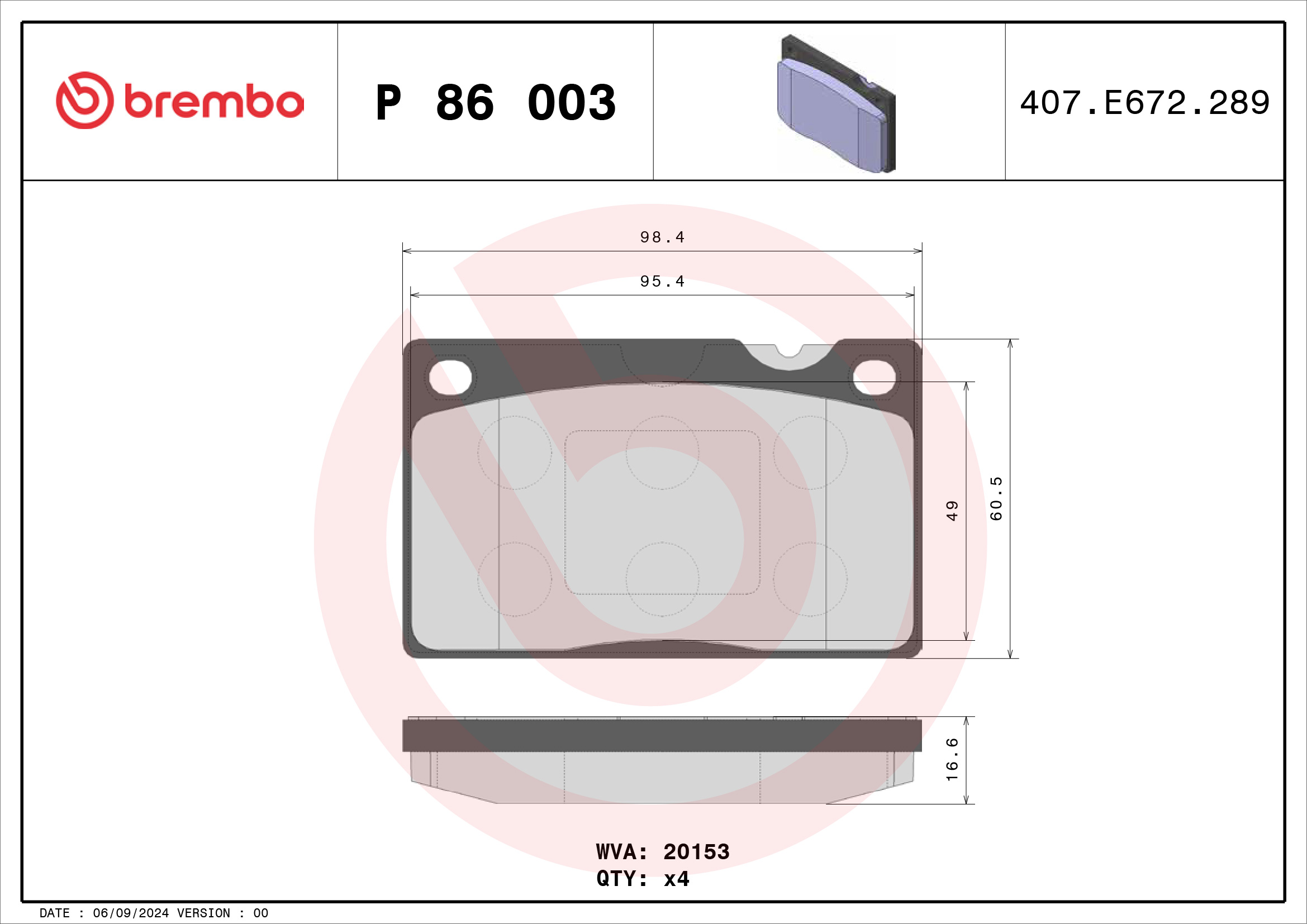 Jogo de 4 pastilhas de travão BREMBO ref. P 86 003