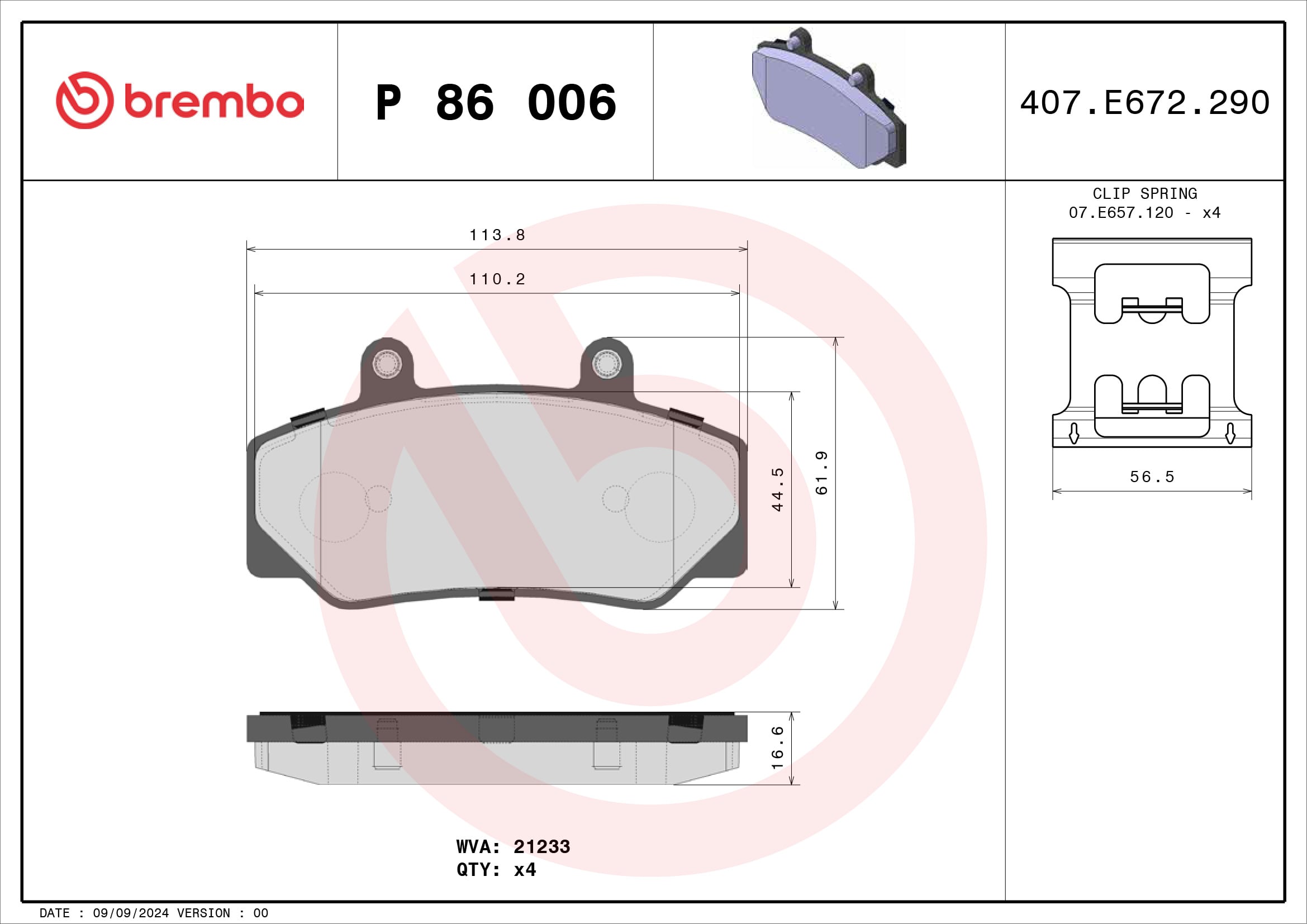 Jeu de 4 plaquettes de frein BREMBO ref. P 86 006