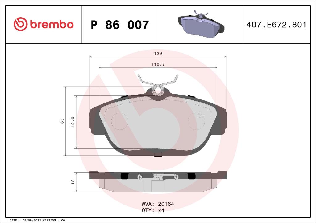 Jogo de 4 pastilhas de travão BREMBO ref. P 86 007