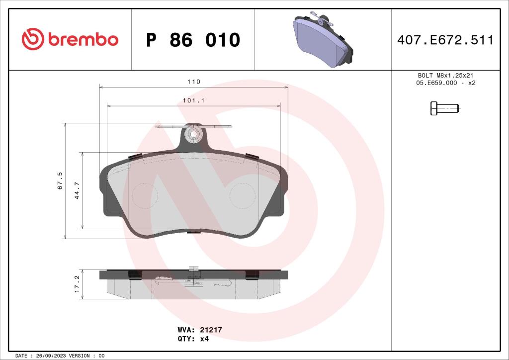 Jogo de 4 pastilhas de travão BREMBO ref. P 86 010