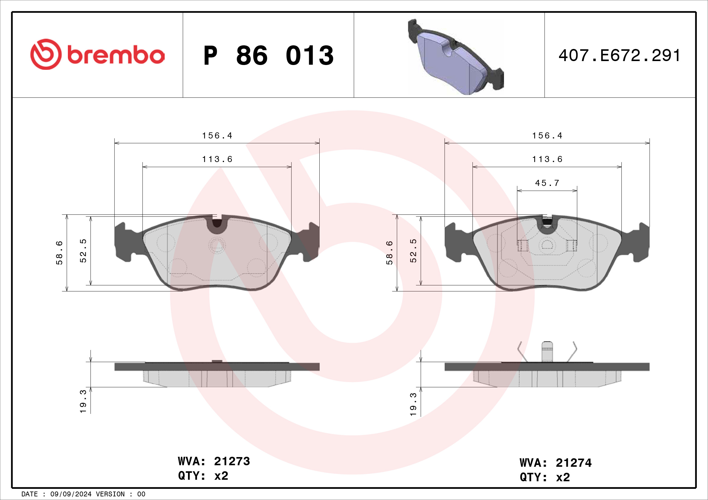 Jogo de 4 pastilhas de travão BREMBO ref. P 86 013
