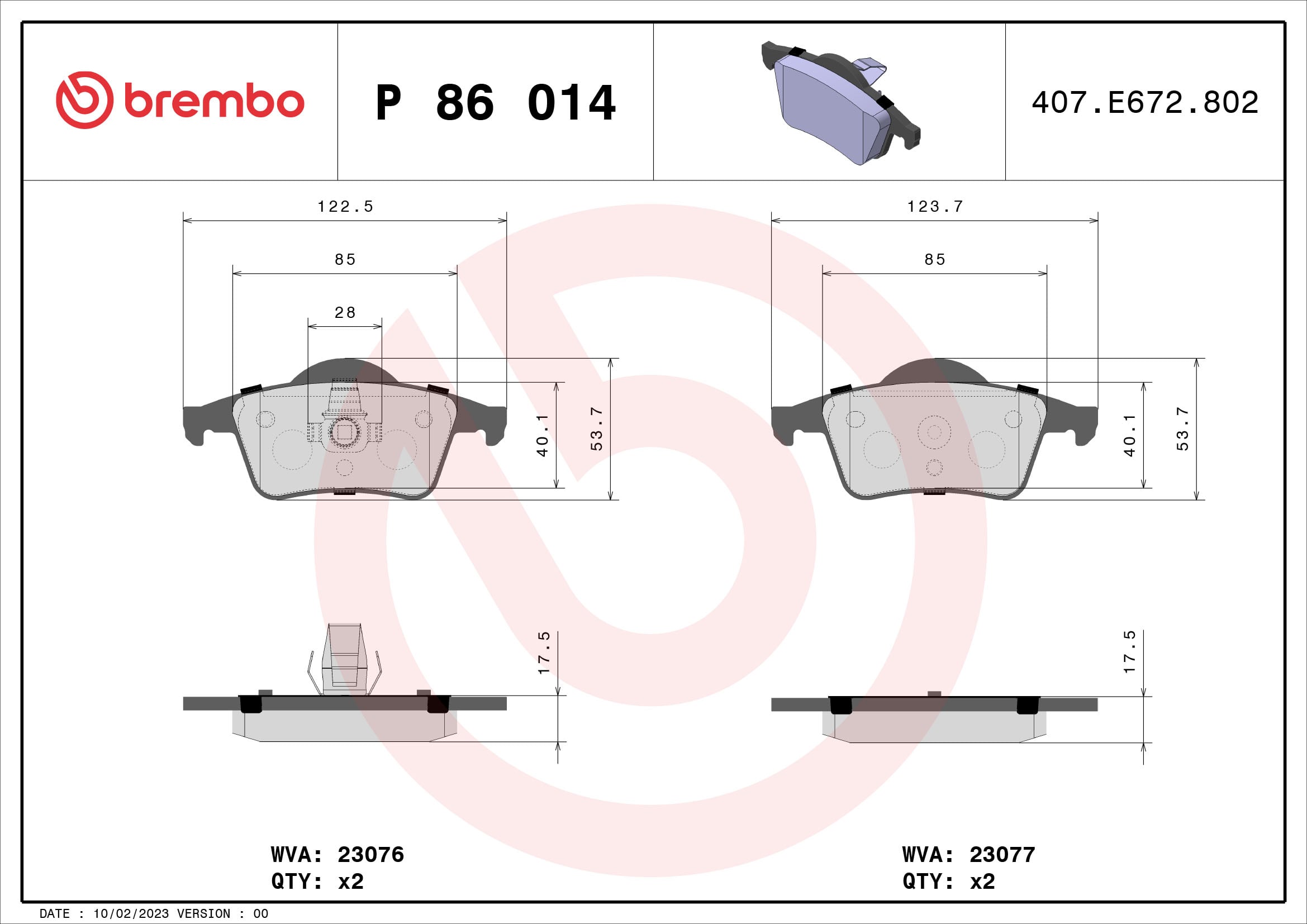 Jeu de 4 plaquettes de frein BREMBO ref. P 86 014
