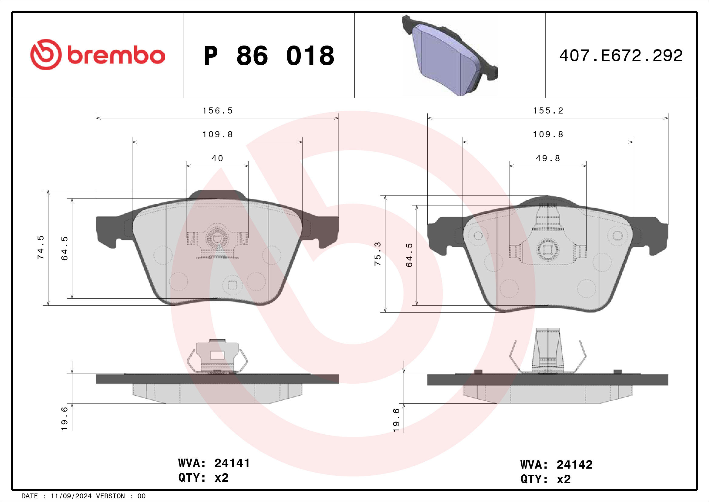 Jeu de 4 plaquettes de frein BREMBO ref. P 86 018