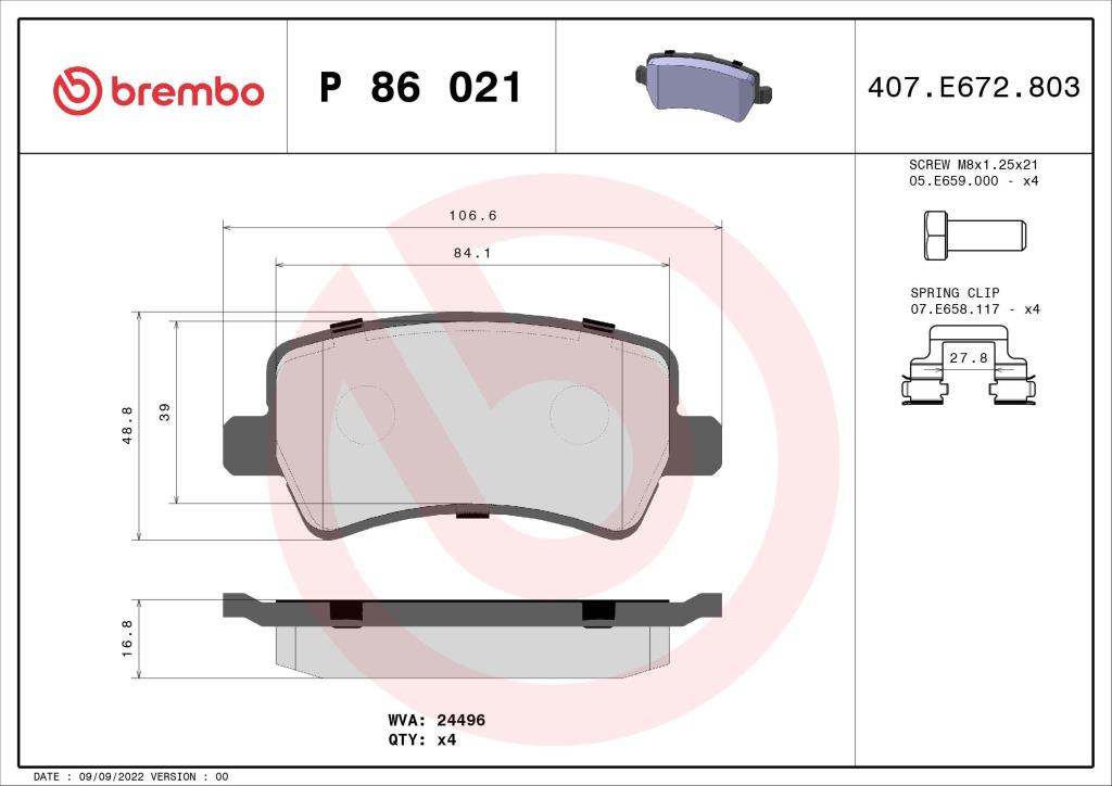 Jogo de 4 pastilhas de travão BREMBO ref. P 86 021