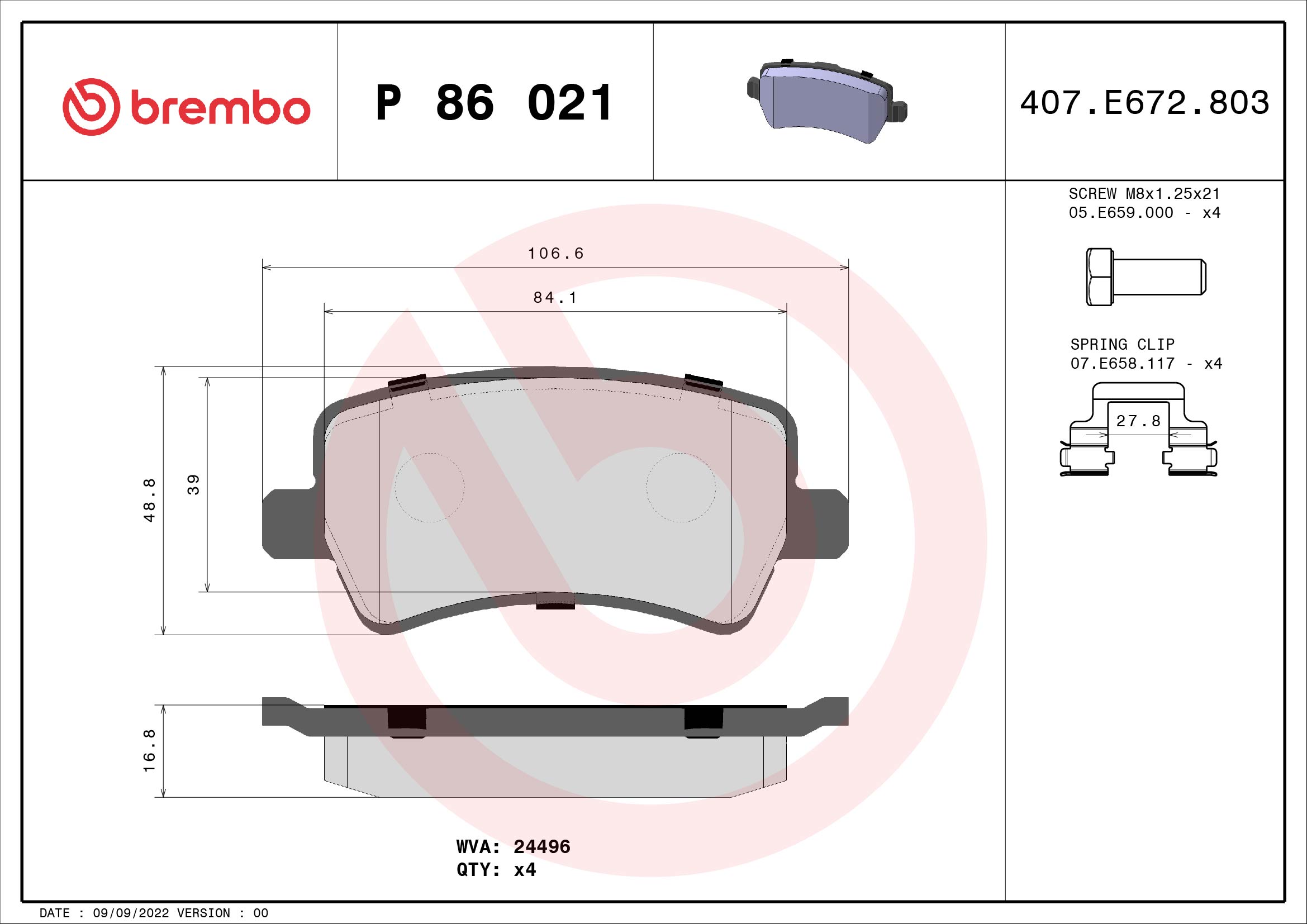 Jogo de 4 pastilhas de travão BREMBO ref. P 86 021