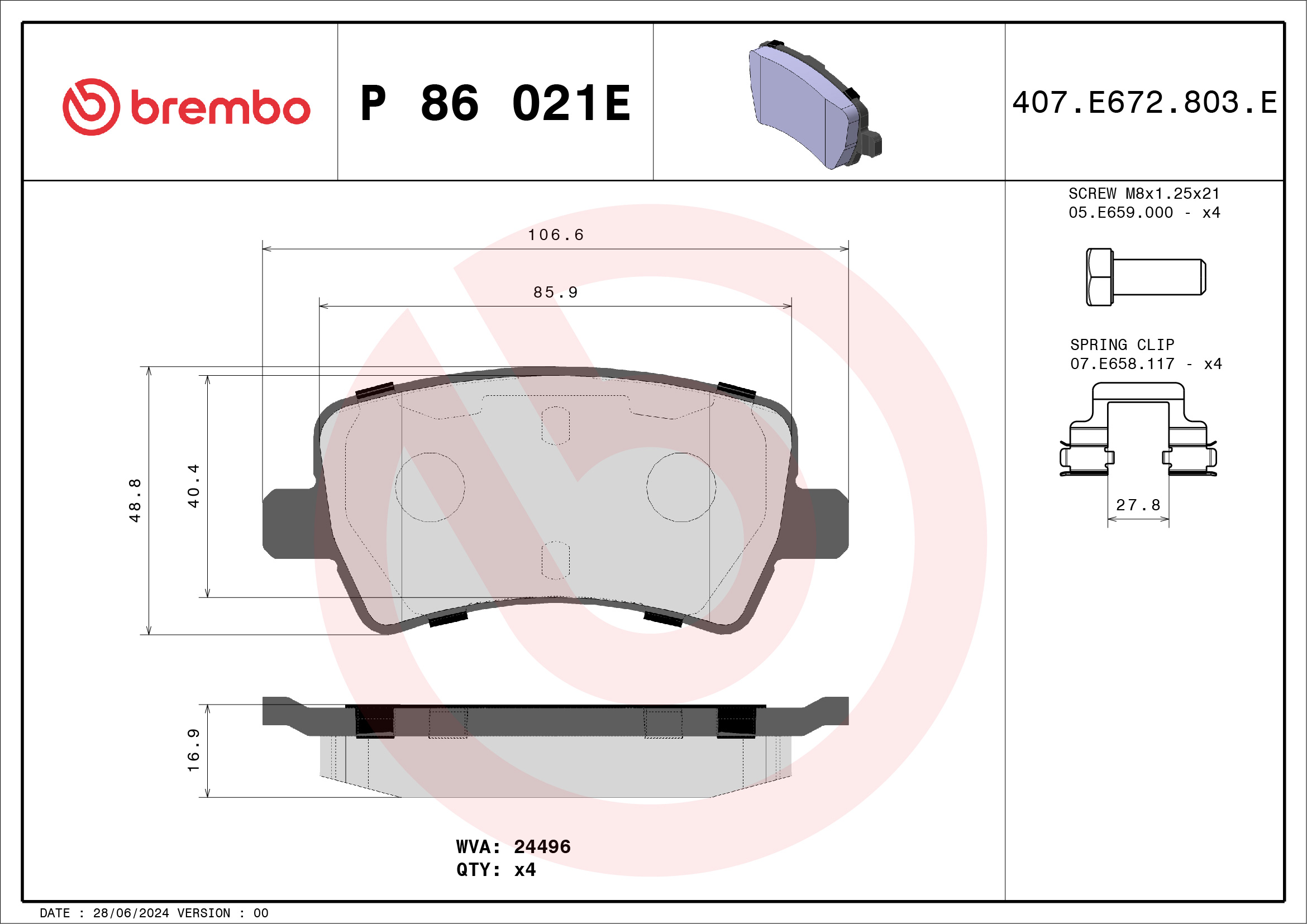 Jogo de 4 pastilhas de travão BREMBO ref. P 86 021E