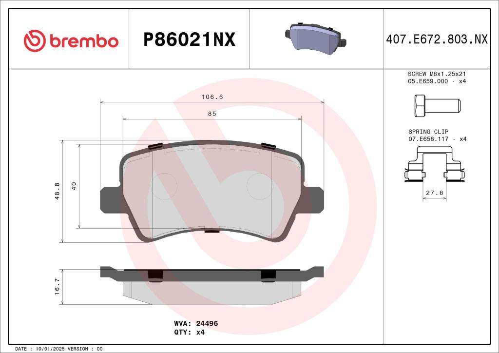 Jogo de 4 pastilhas de travão BREMBO ref. P86021NX