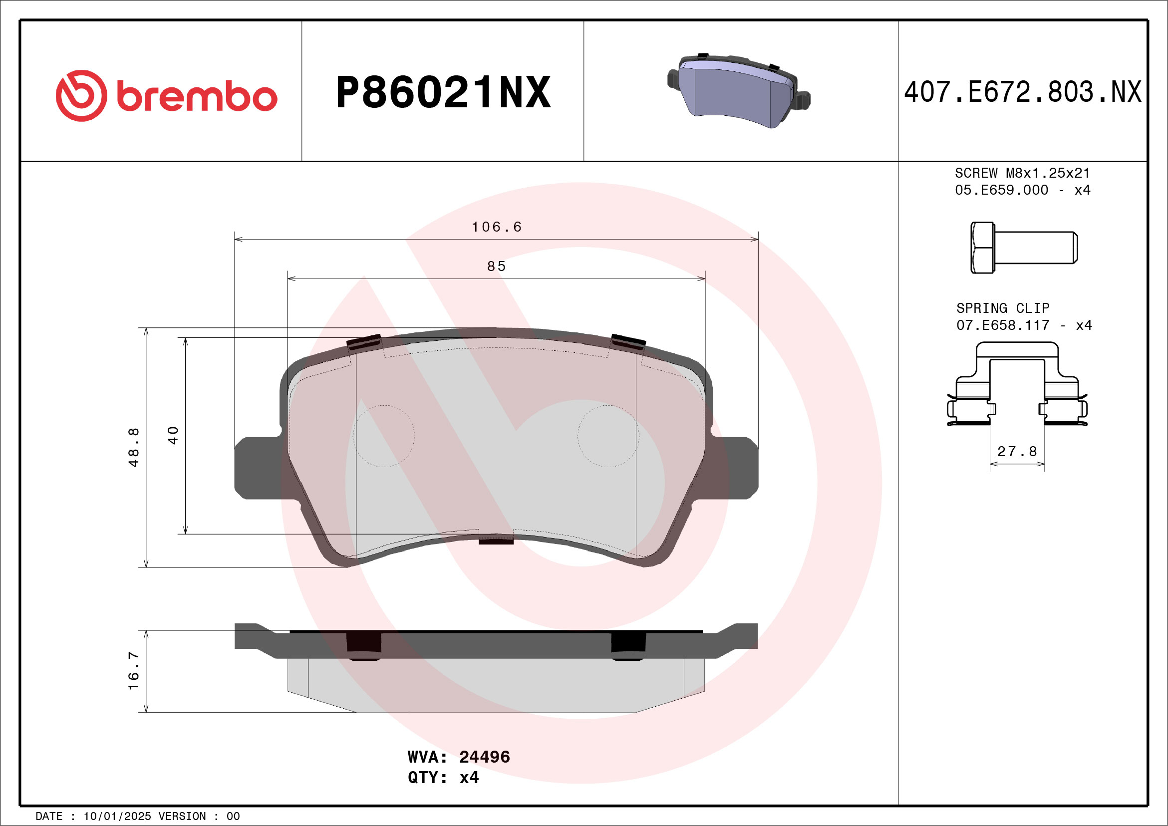 Jogo de 4 pastilhas de travão BREMBO ref. P86021NX