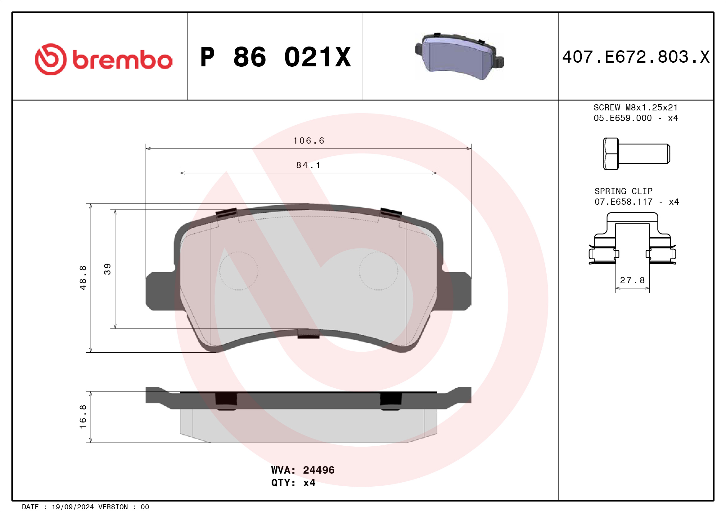 Jogo de 4 pastilhas de travão BREMBO ref. P 86 021X