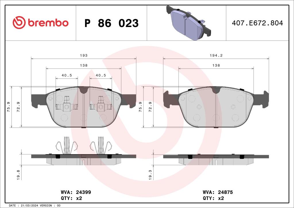 Jeu de 4 plaquettes de frein BREMBO P 86 023