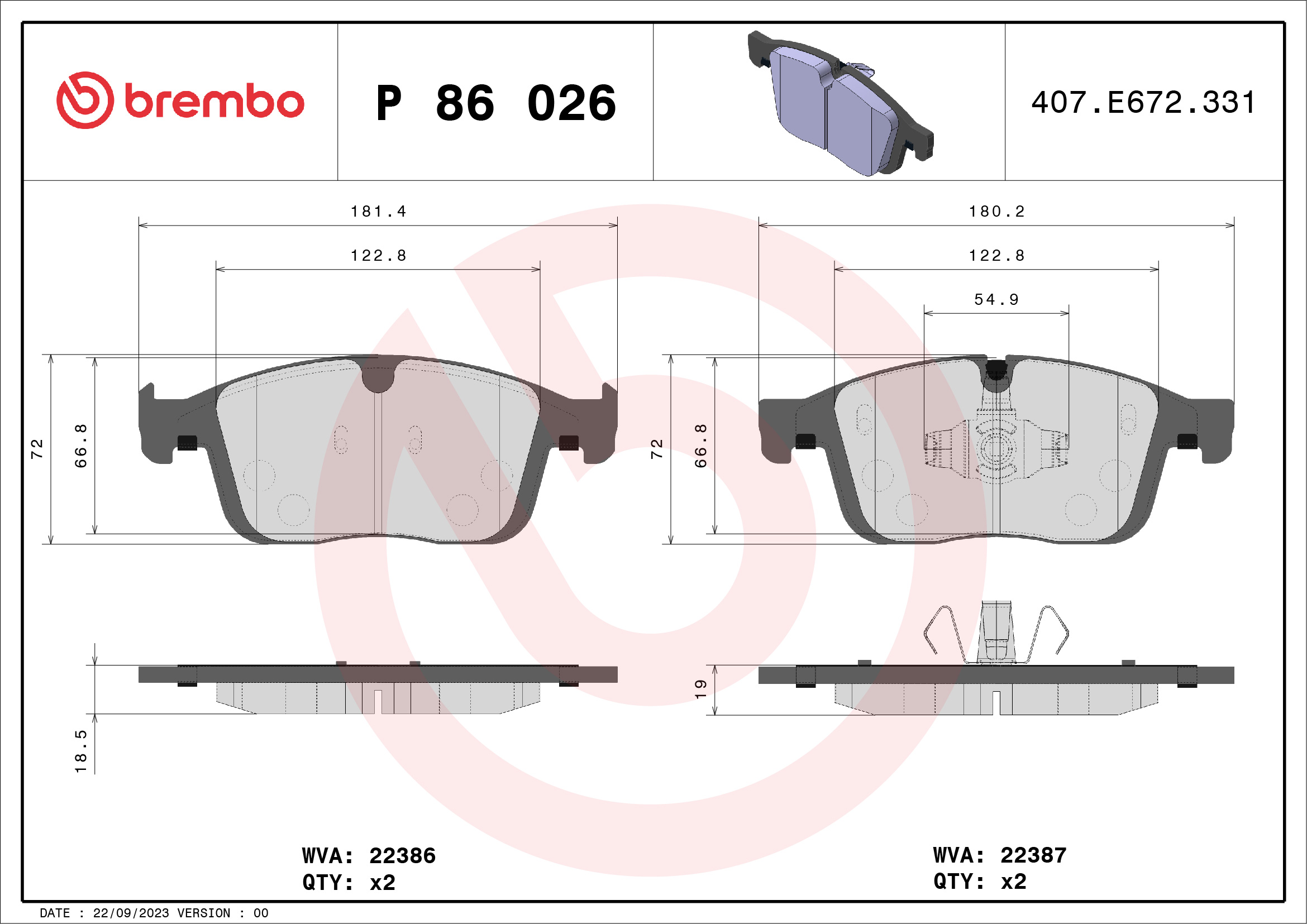 Jeu de 4 plaquettes de frein BREMBO ref. P 86 026