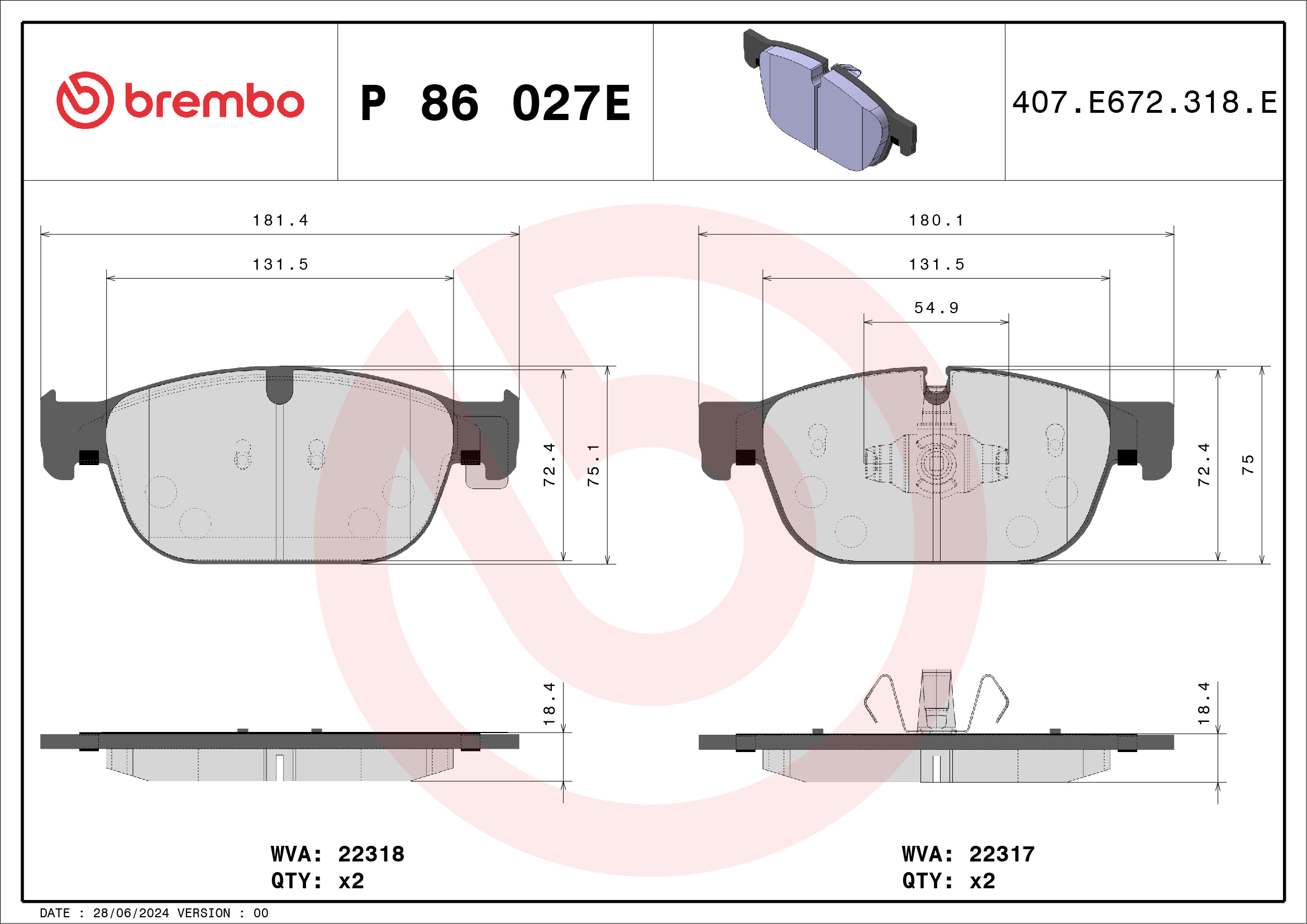 Jeu de 4 plaquettes de frein BREMBO ref. P 86 027E