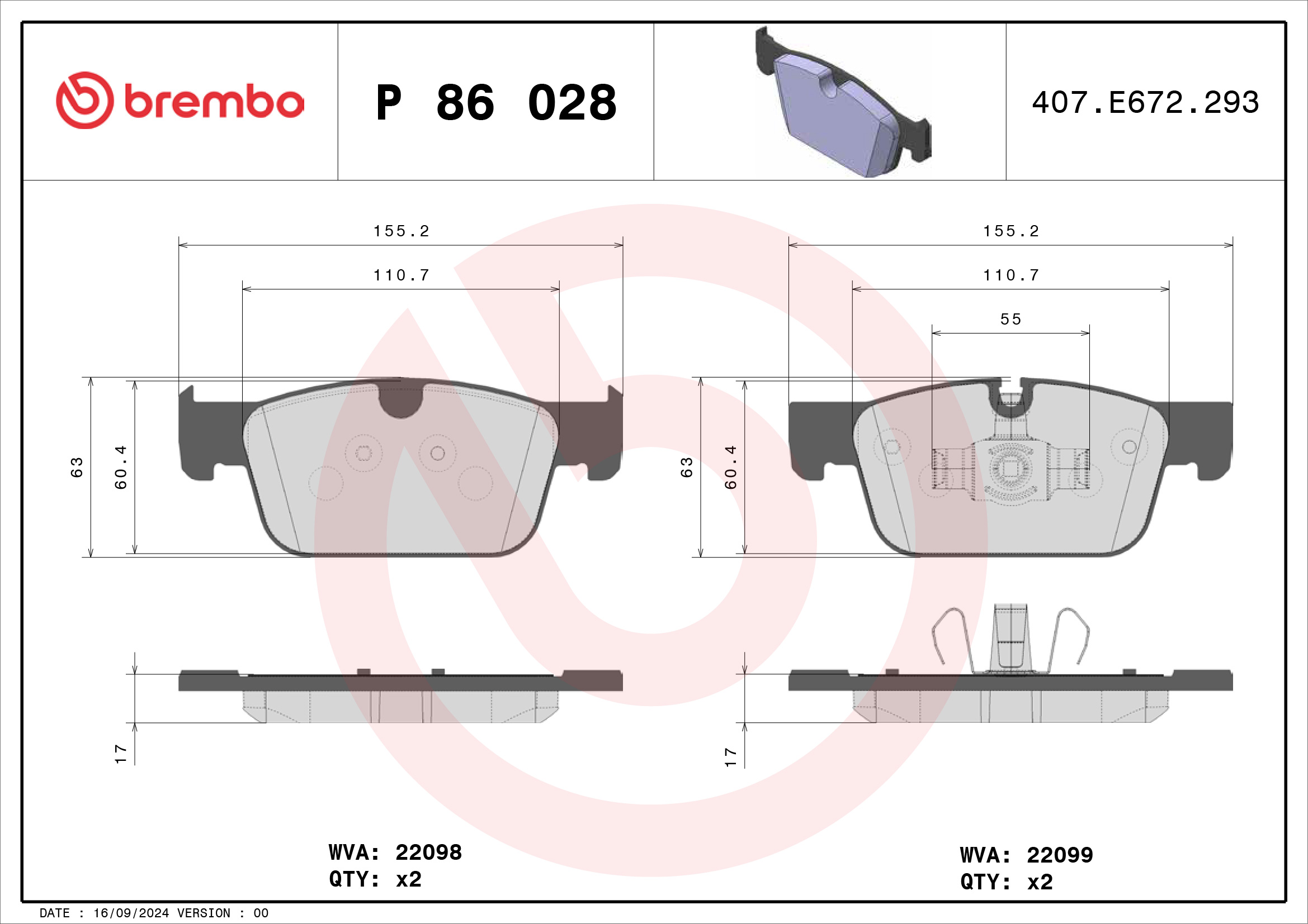 Jeu de 4 plaquettes de frein BREMBO ref. P 86 028