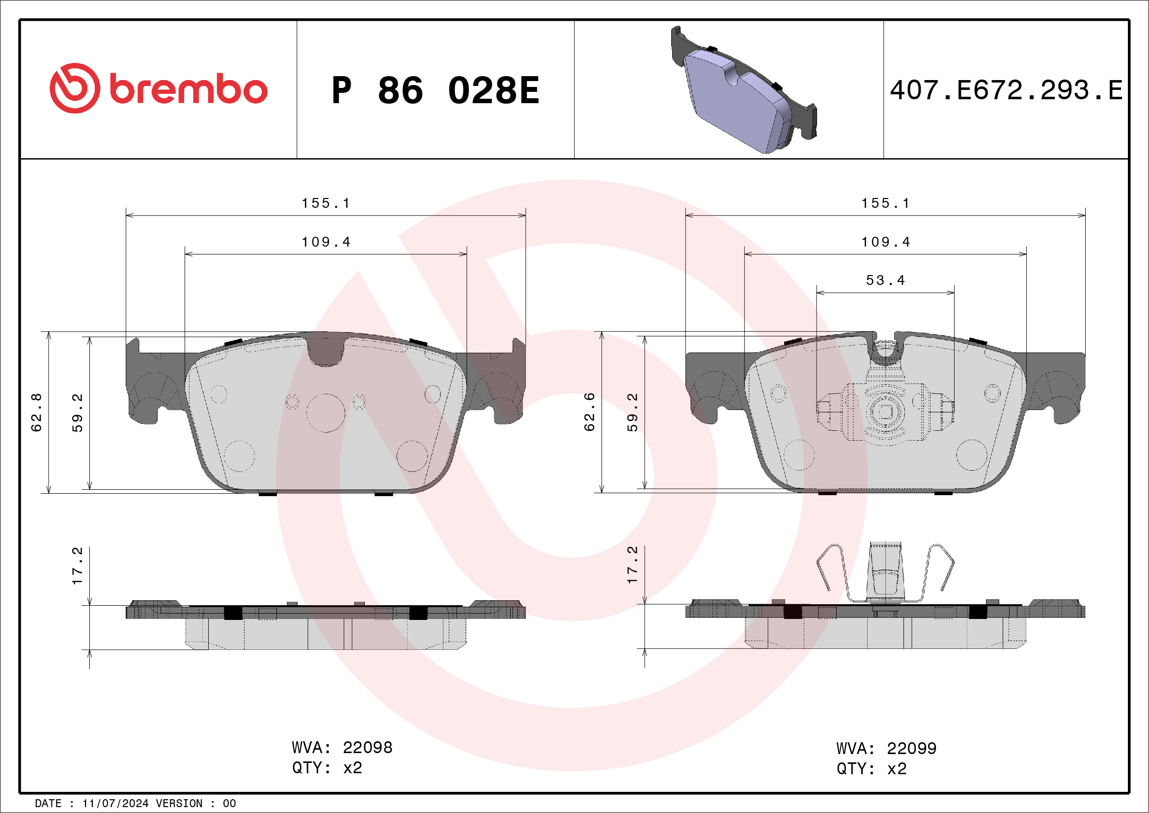 Jogo de 4 pastilhas de travão BREMBO ref. P 86 028E