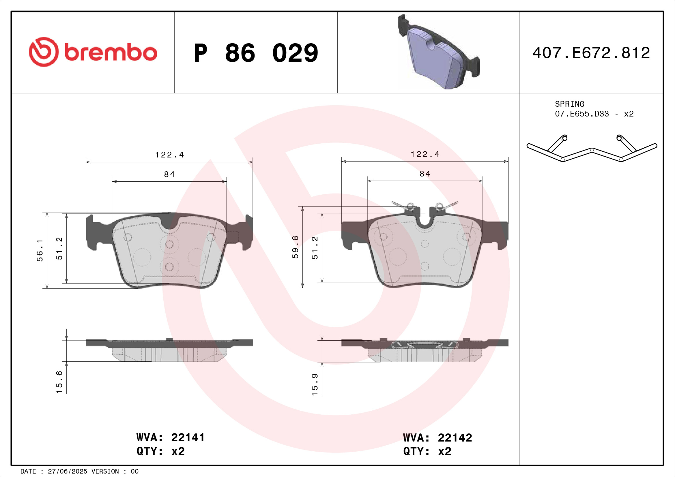 Jogo de 4 pastilhas de travão BREMBO ref. P 86 029