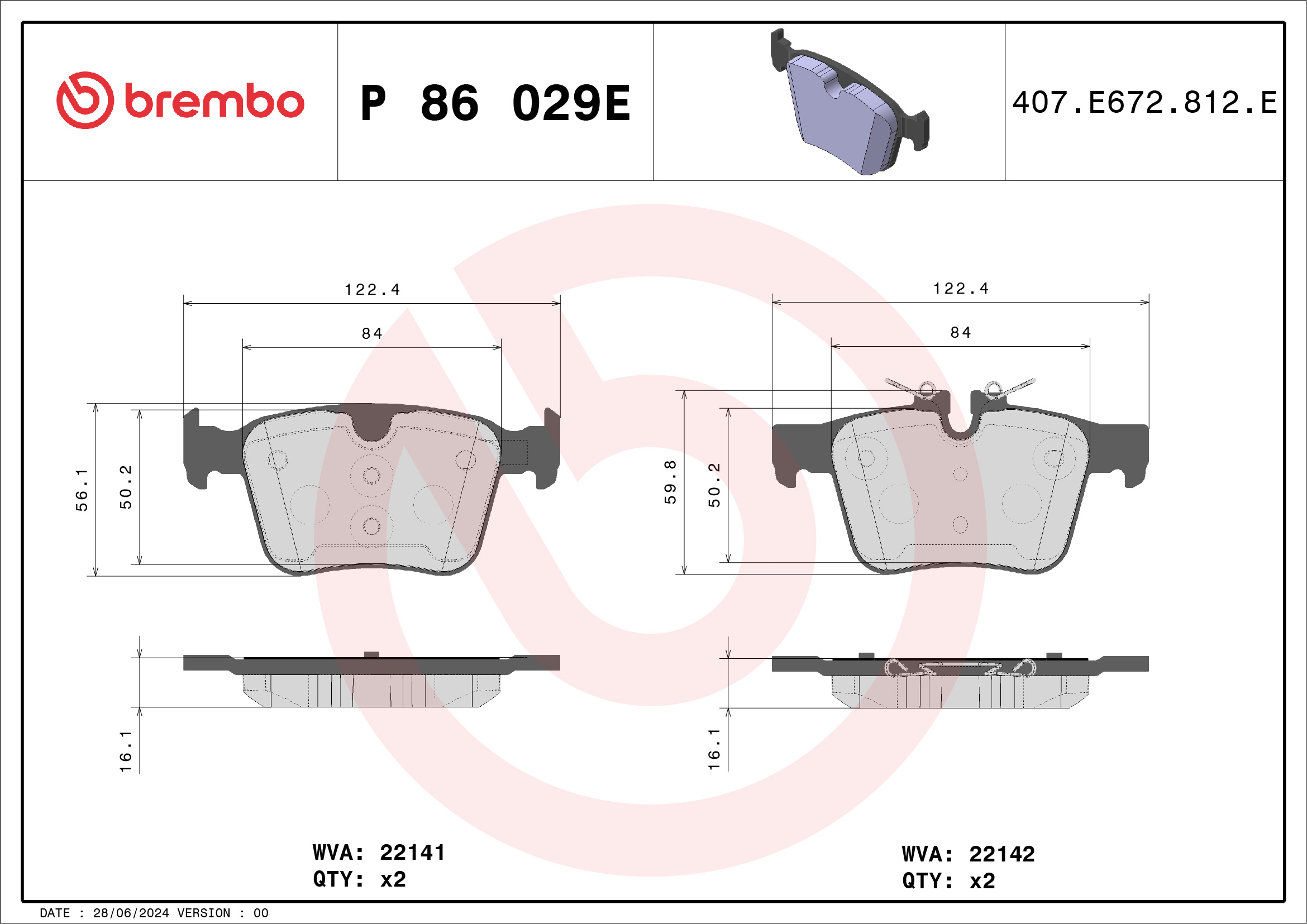 Jogo de 4 pastilhas de travão BREMBO ref. P 86 029E