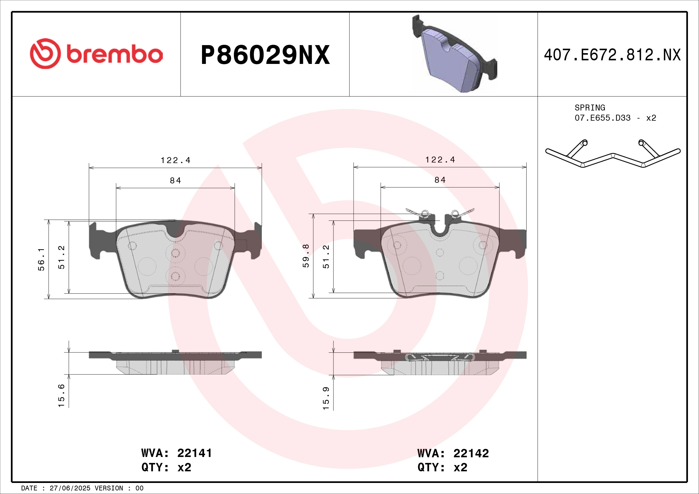 Jeu de 4 plaquettes de frein BREMBO ref. P86029NX