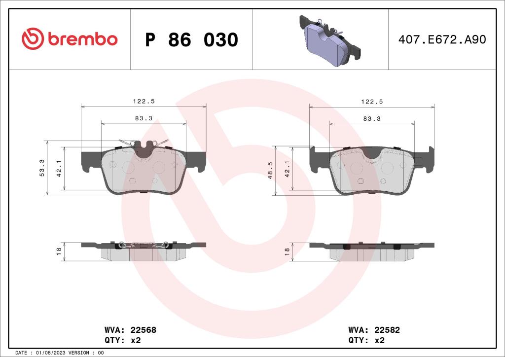 Jogo de 4 pastilhas de travão BREMBO ref. P 86 030
