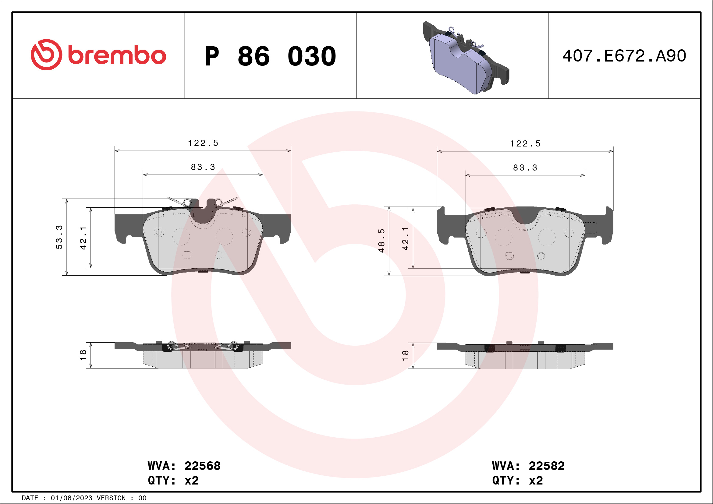 Jogo de 4 pastilhas de travão BREMBO ref. P 86 030