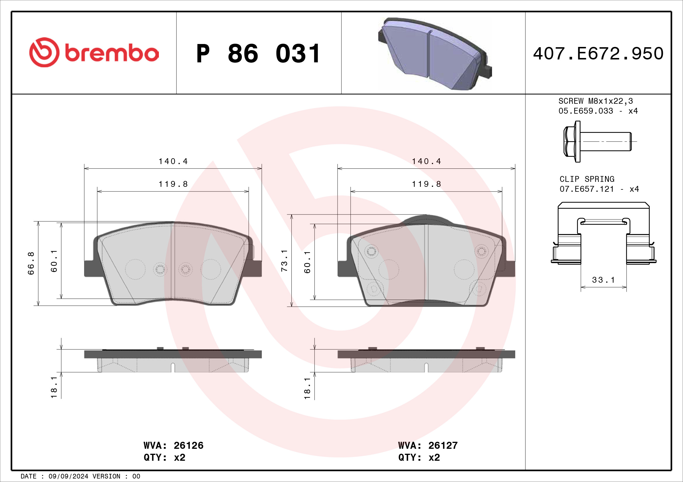 Jeu de 4 plaquettes de frein BREMBO ref. P 86 031