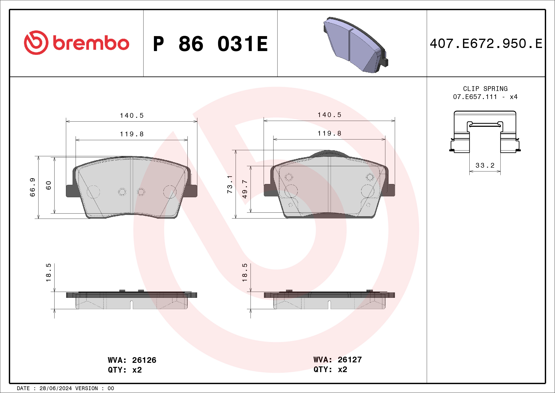 Jogo de 4 pastilhas de travão BREMBO ref. P 86 031E