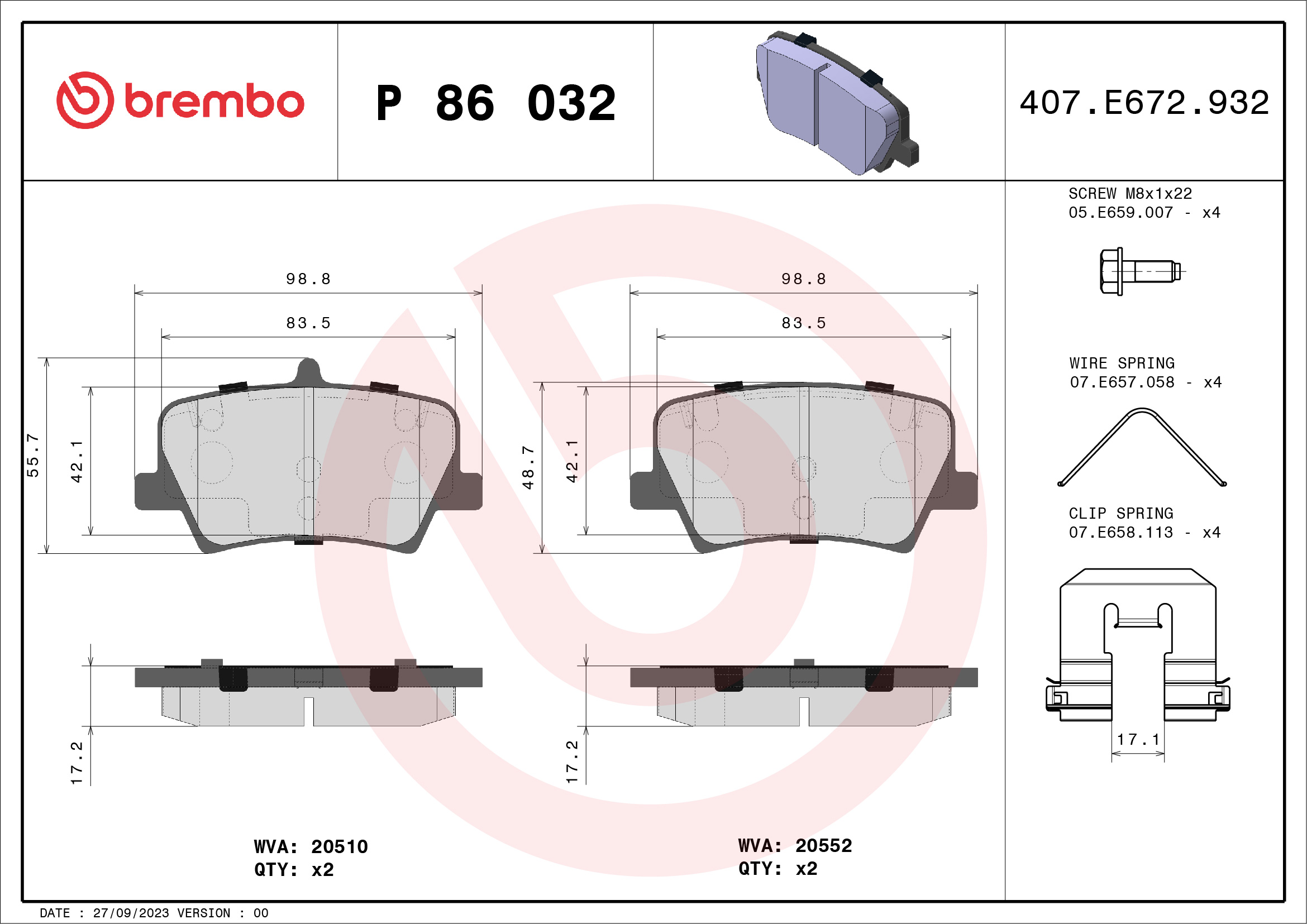 Jeu de 4 plaquettes de frein BREMBO ref. P 86 032