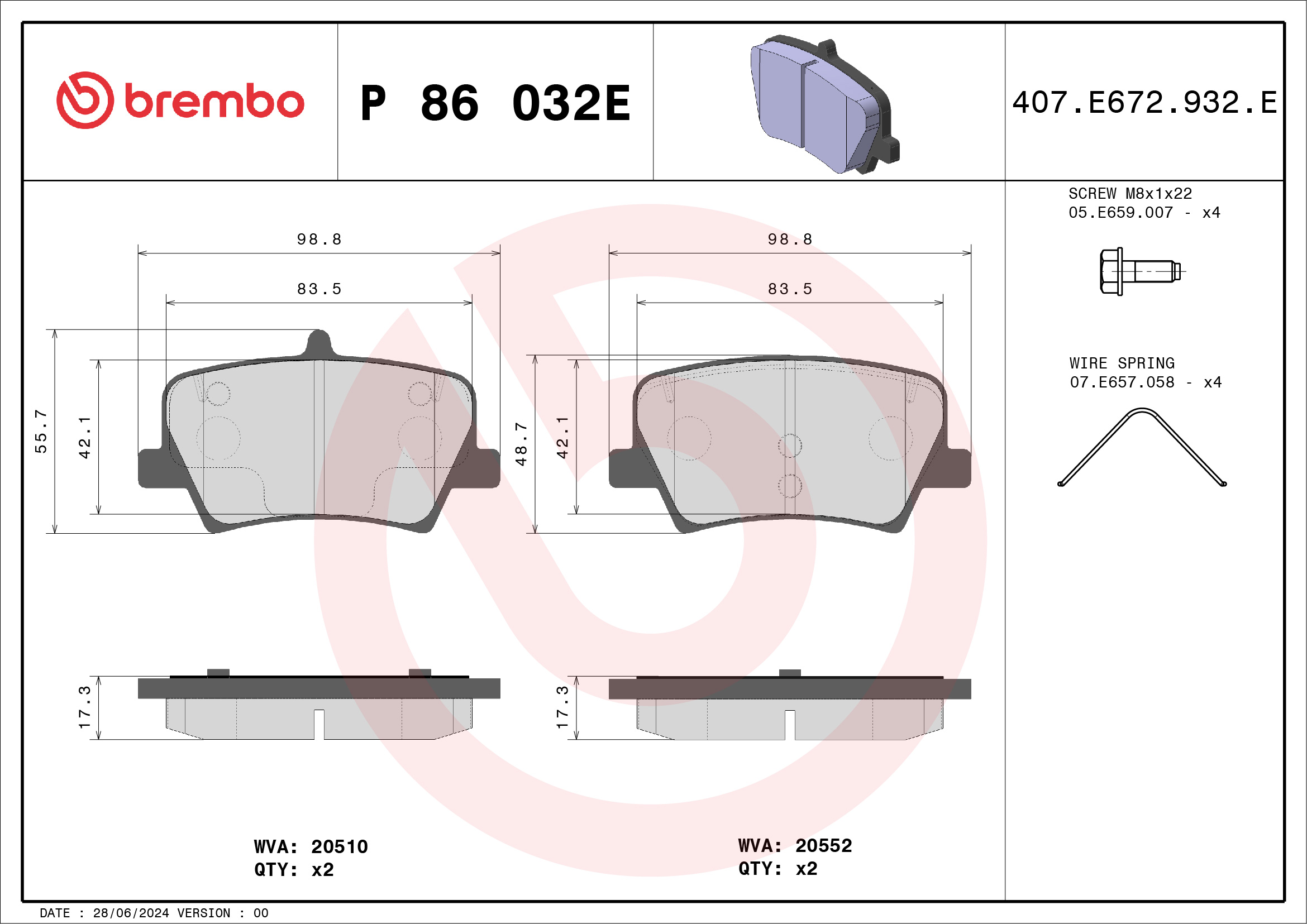 Jogo de 4 pastilhas de travão BREMBO ref. P 86 032E