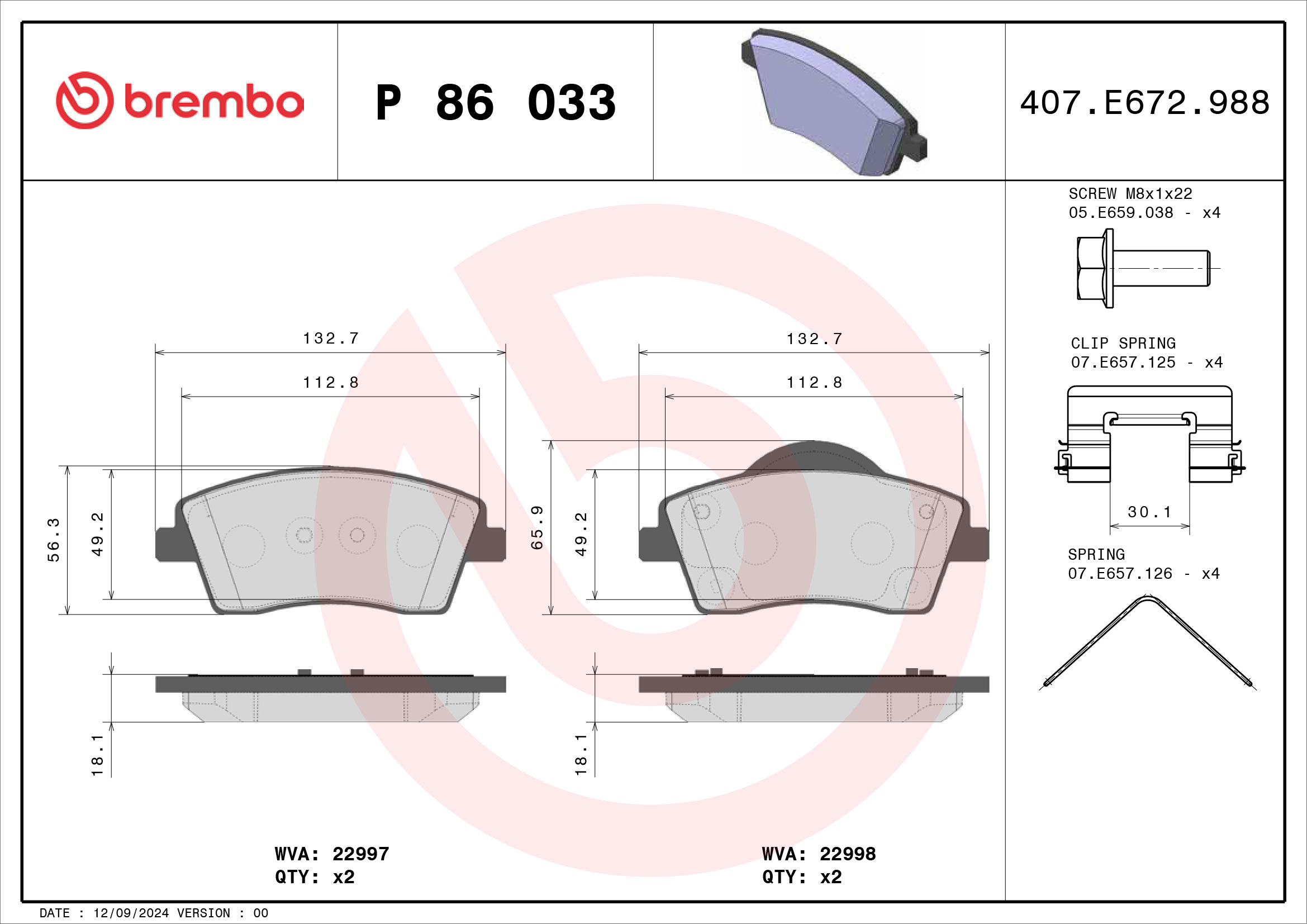 Jeu de 4 plaquettes de frein BREMBO ref. P 86 033
