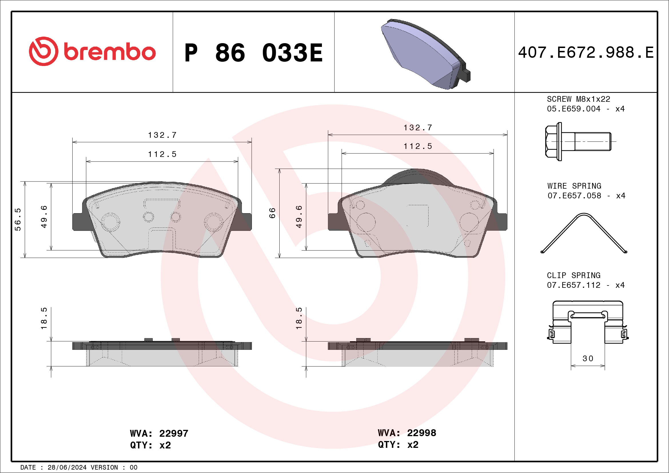Jogo de 4 pastilhas de travão BREMBO P 86 033E