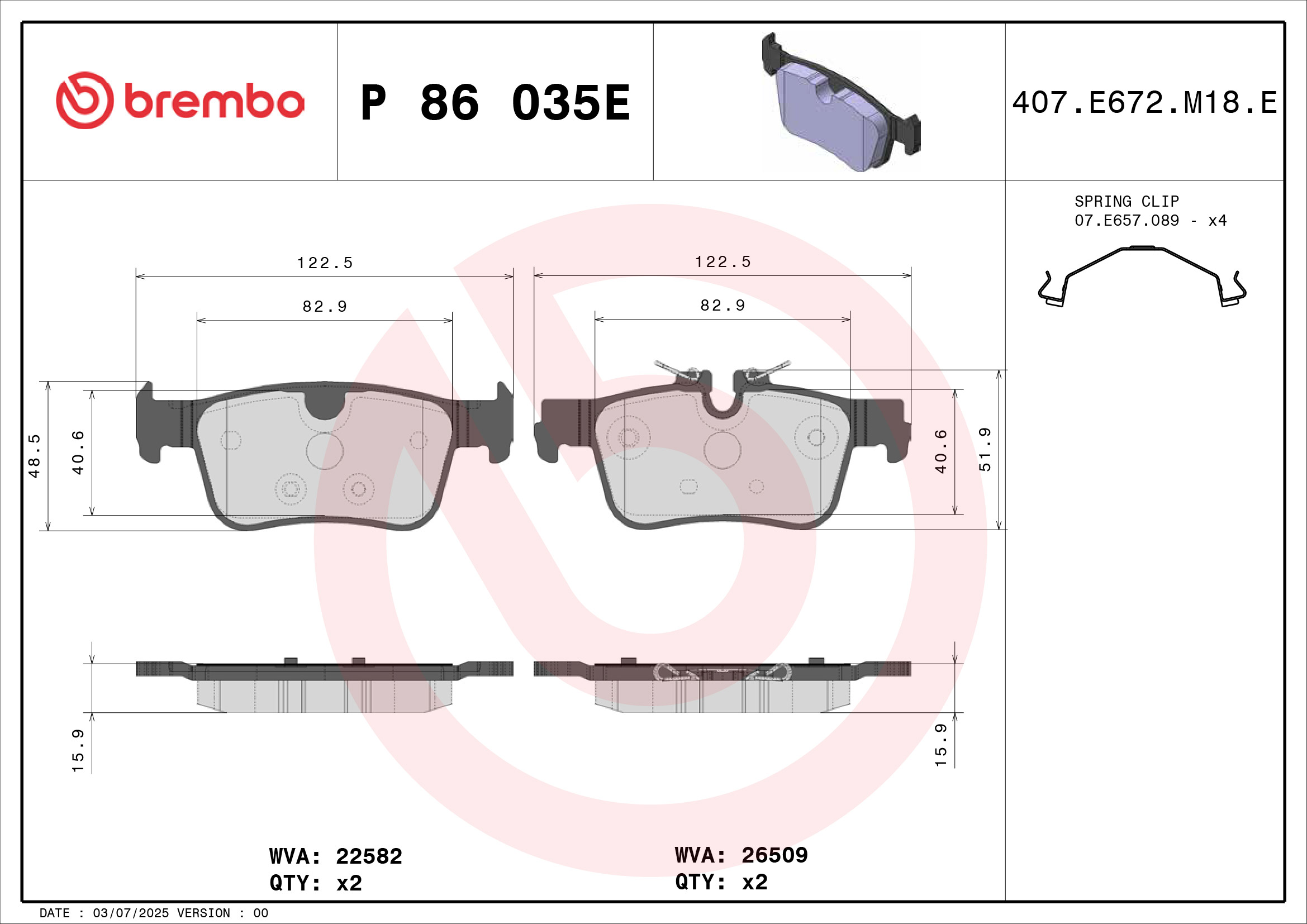 Jeu de 4 plaquettes de frein BREMBO ref. P 86 035E