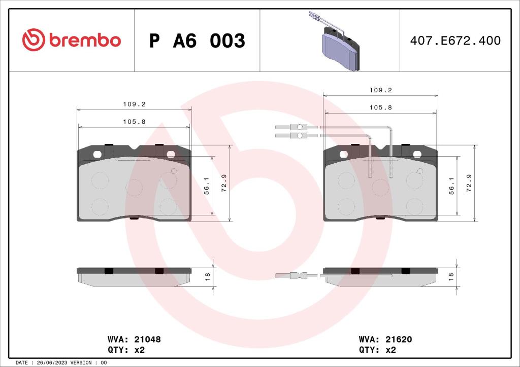 Jeu de 4 plaquettes de frein BREMBO P A6 003