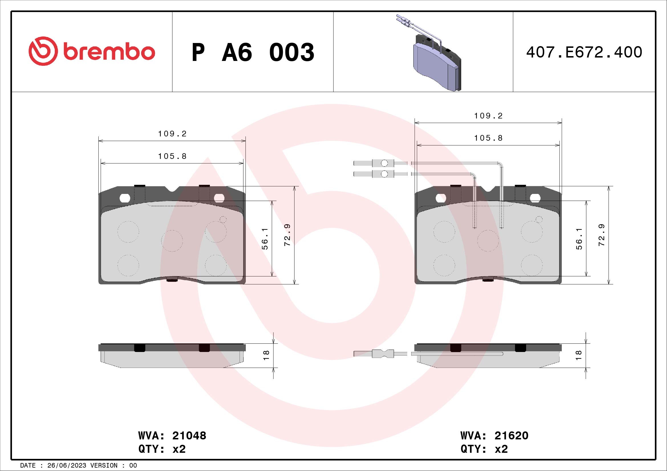 Jeu de 4 plaquettes de frein BREMBO P A6 003