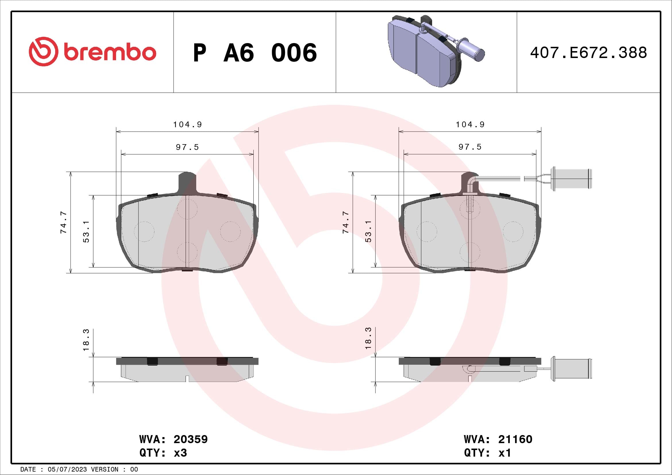 Jeu de 4 plaquettes de frein BREMBO ref. P A6 006
