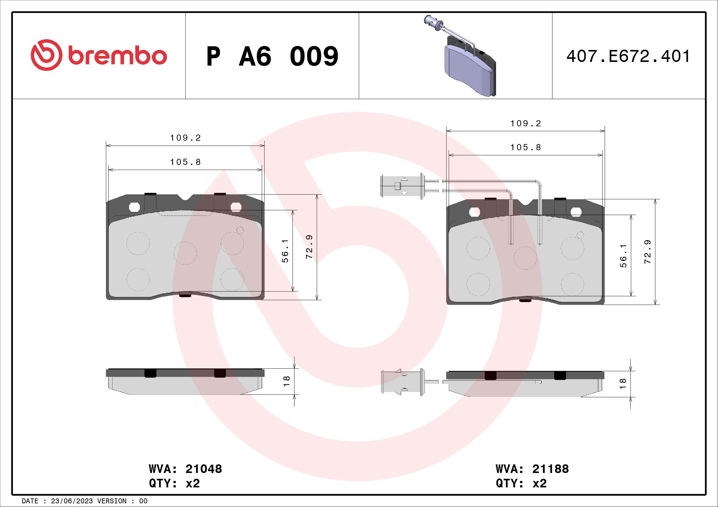 Jogo de 4 pastilhas de travão BREMBO ref. P A6 009
