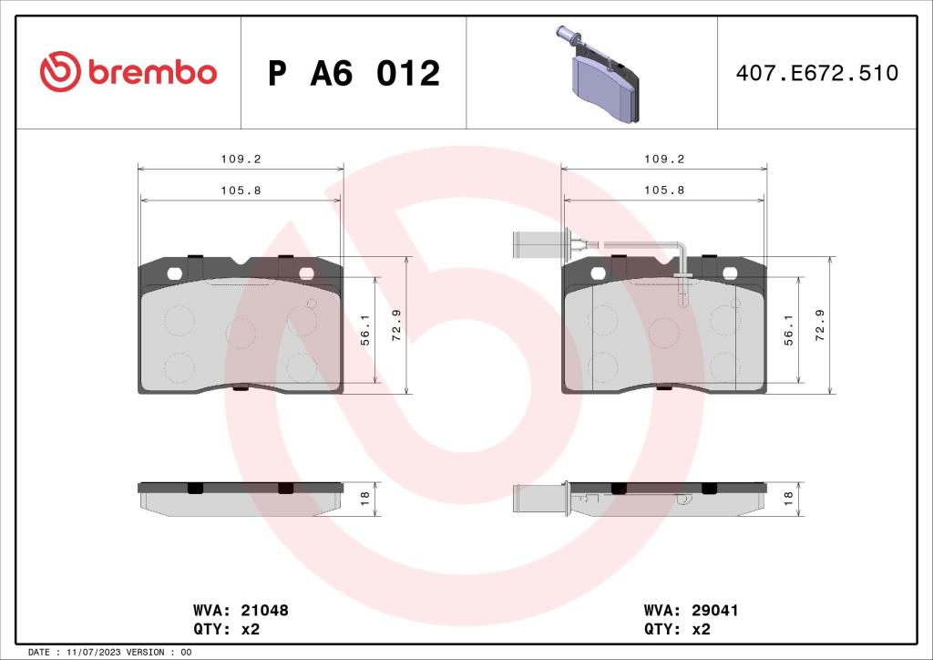 Jeu de 4 plaquettes de frein BREMBO ref. P A6 012