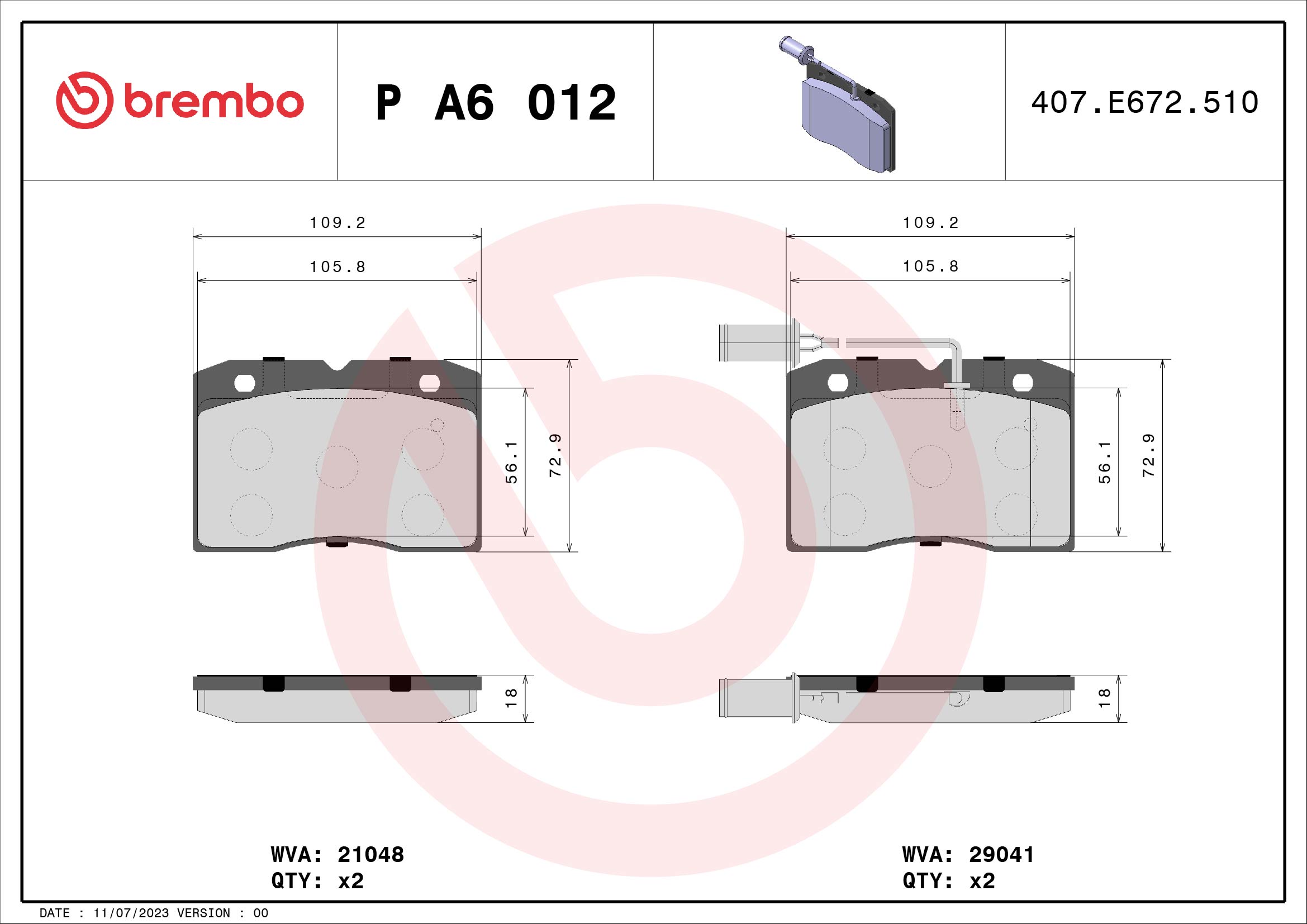 Jeu de 4 plaquettes de frein BREMBO ref. P A6 012