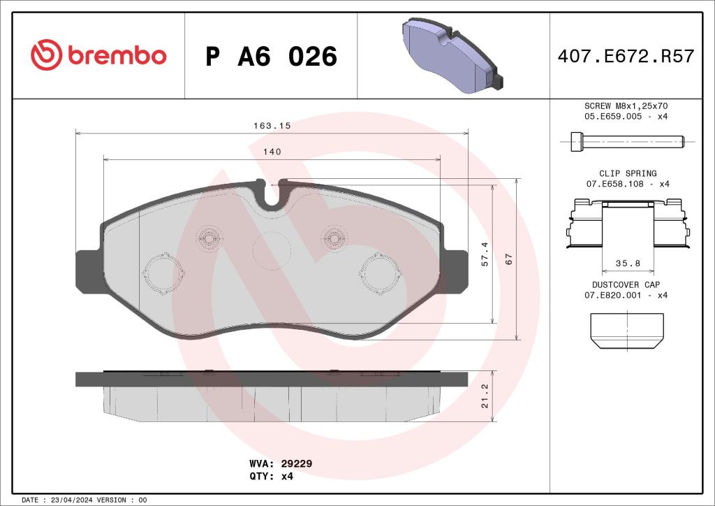 Jogo de 4 pastilhas de travão BREMBO ref. P A6 026