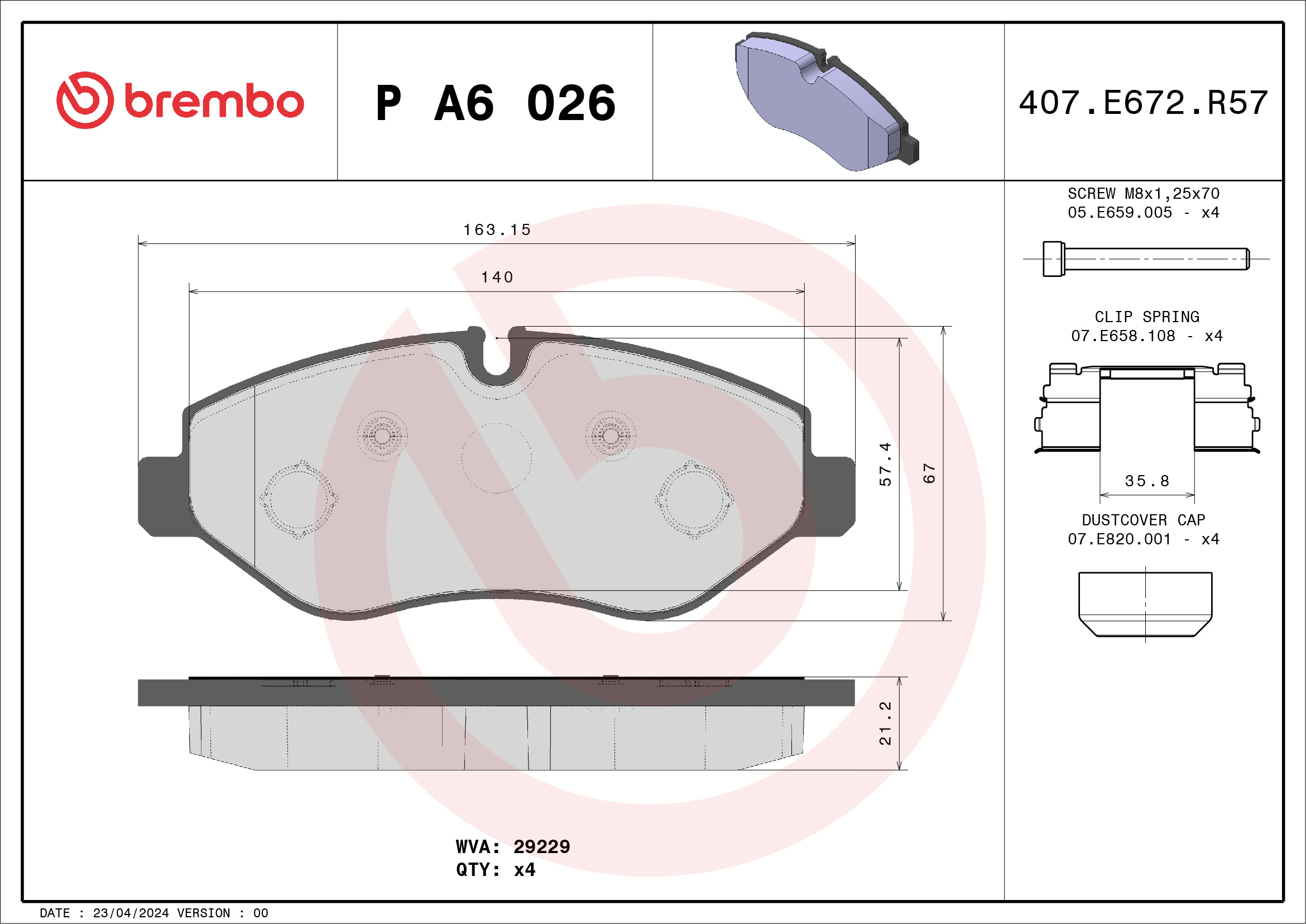 Jogo de 4 pastilhas de travão BREMBO ref. P A6 026