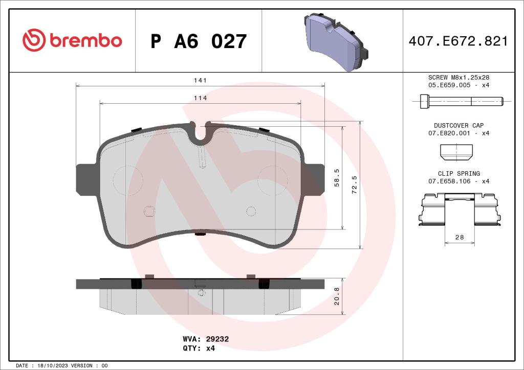 Jeu de 4 plaquettes de frein BREMBO ref. P A6 027