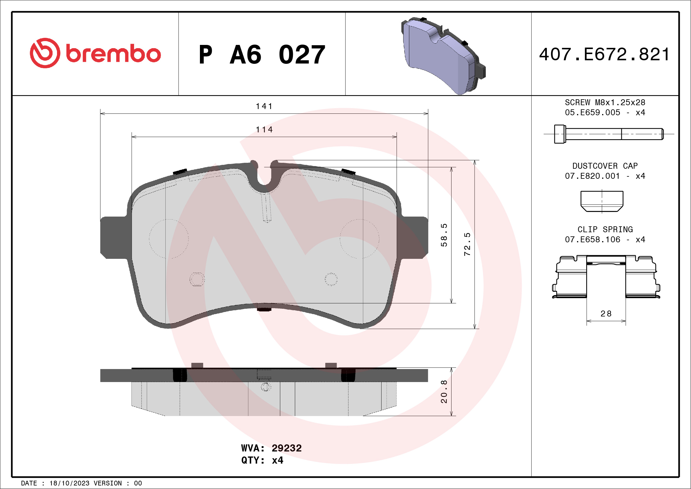Jeu de 4 plaquettes de frein BREMBO ref. P A6 027