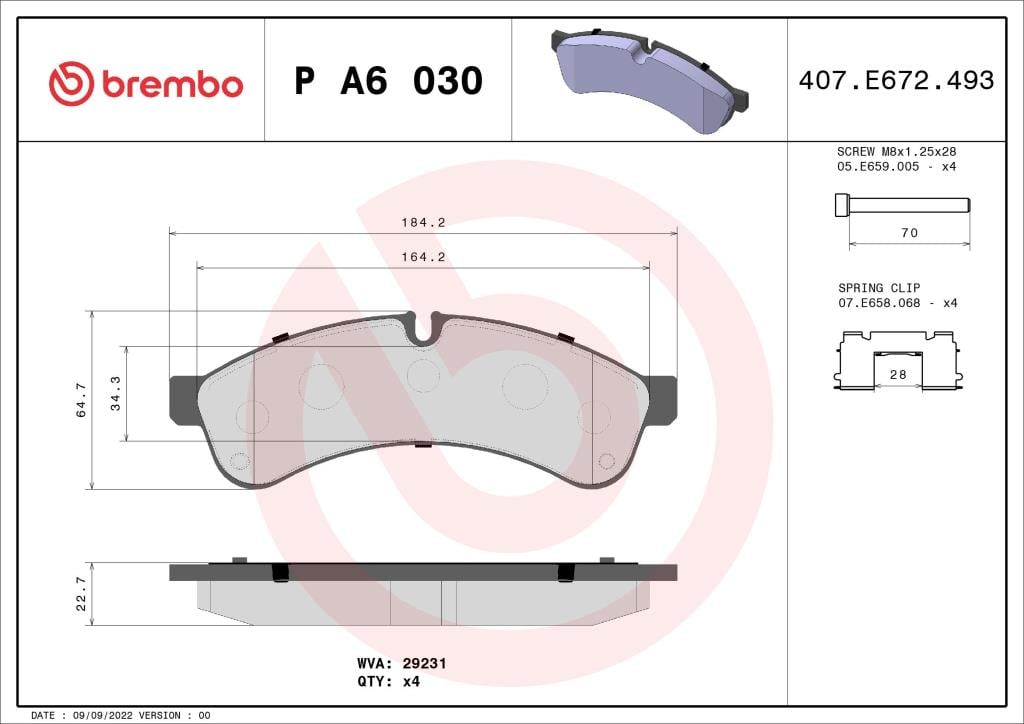 Jogo de 4 pastilhas de travão BREMBO ref. P A6 030