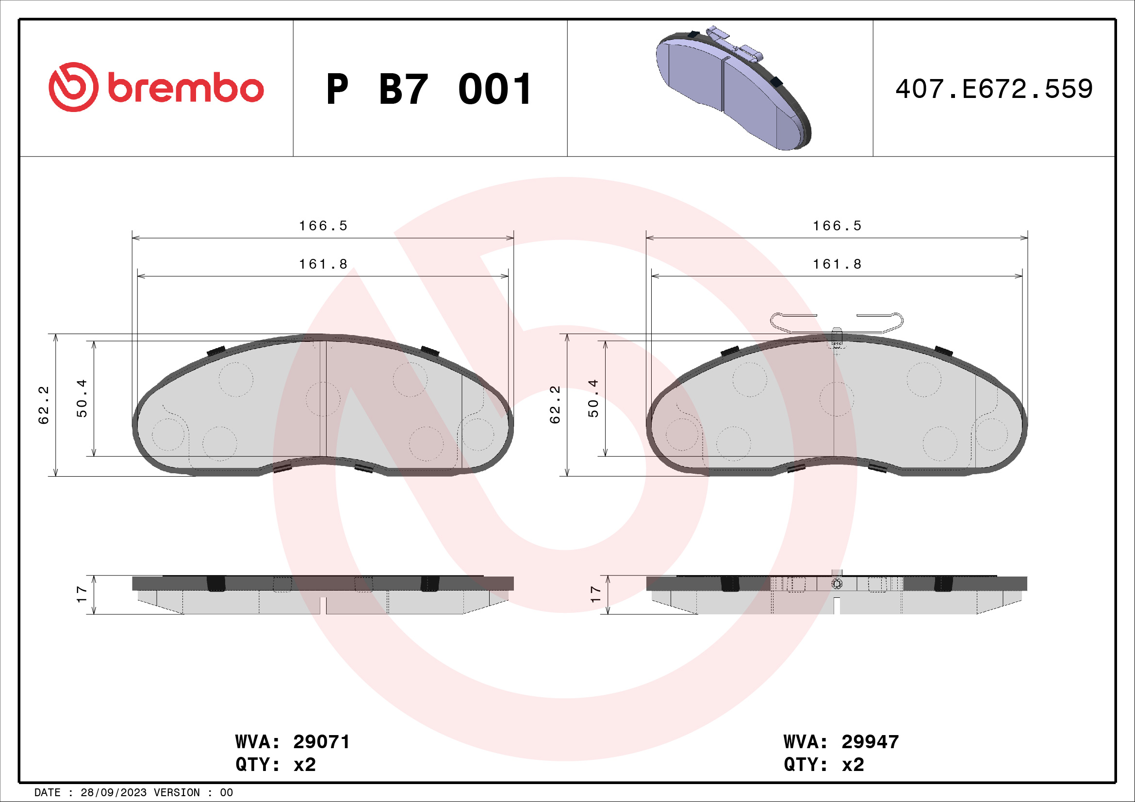 Jogo de 4 pastilhas de travão BREMBO ref. P B7 001