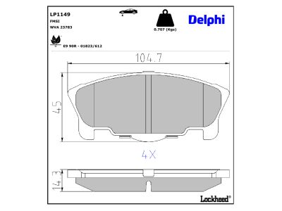 Jeu de 4 plaquettes de frein DELPHI ref. LP1149