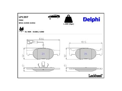 Juego de 4 pastillas de freno (Almohadilla de freno) DELPHI ref. LP1397