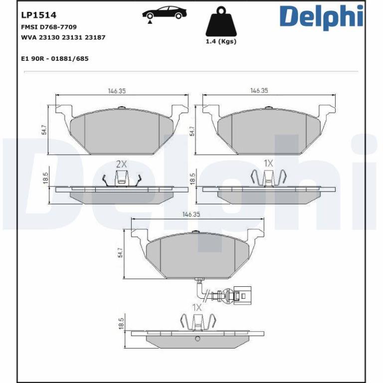 Jeu de 4 plaquettes de frein DELPHI ref. LP1514