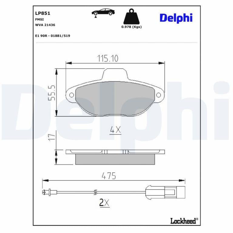 Juego de 4 pastillas de freno (Almohadilla de freno) DELPHI ref. LP851
