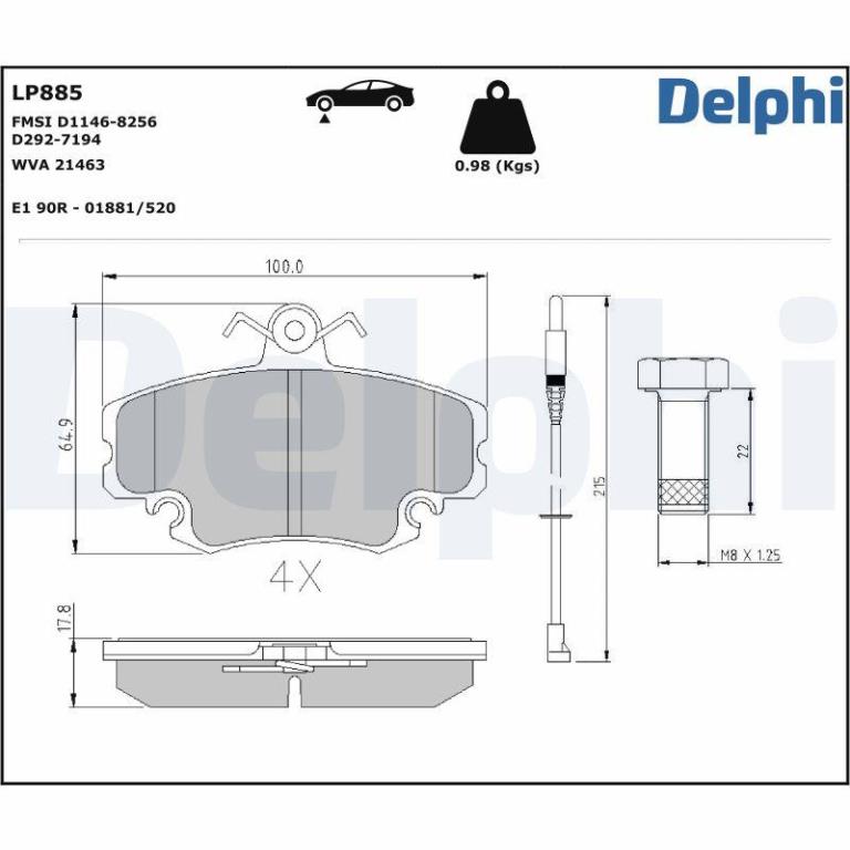 Juego de 4 pastillas de freno (Almohadilla de freno) DELPHI ref. LP885