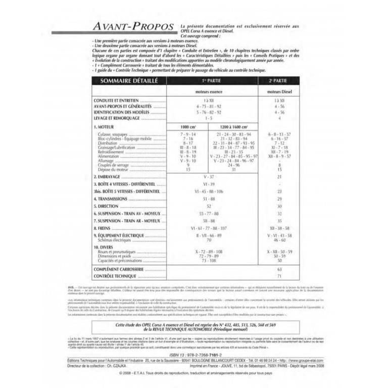 Revue technique auto (Rta) ETAI RTA 718.1 OPEL CORSA A"ESSENCEETDIESEL(82/93)" - ref. 11190