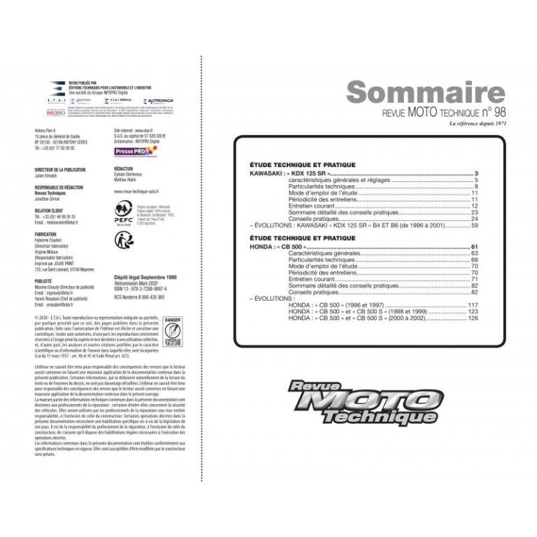 Revue technique moto ETAI RMT 98.4 KAWASAKI KDX 125 (1990 à 2001) et HONDA CB500 (1994 à 2001) - ref. 11273