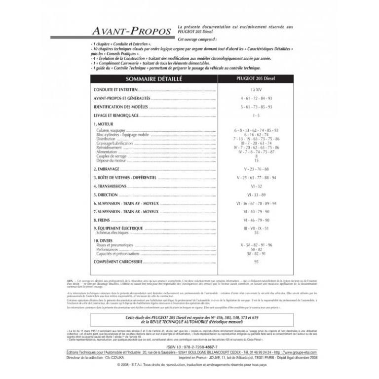 Revue technique auto (Rta) ETAI RTA 456.7 PEUGEOT 205 DIESEL ET TD 84-98 - ref. 11848